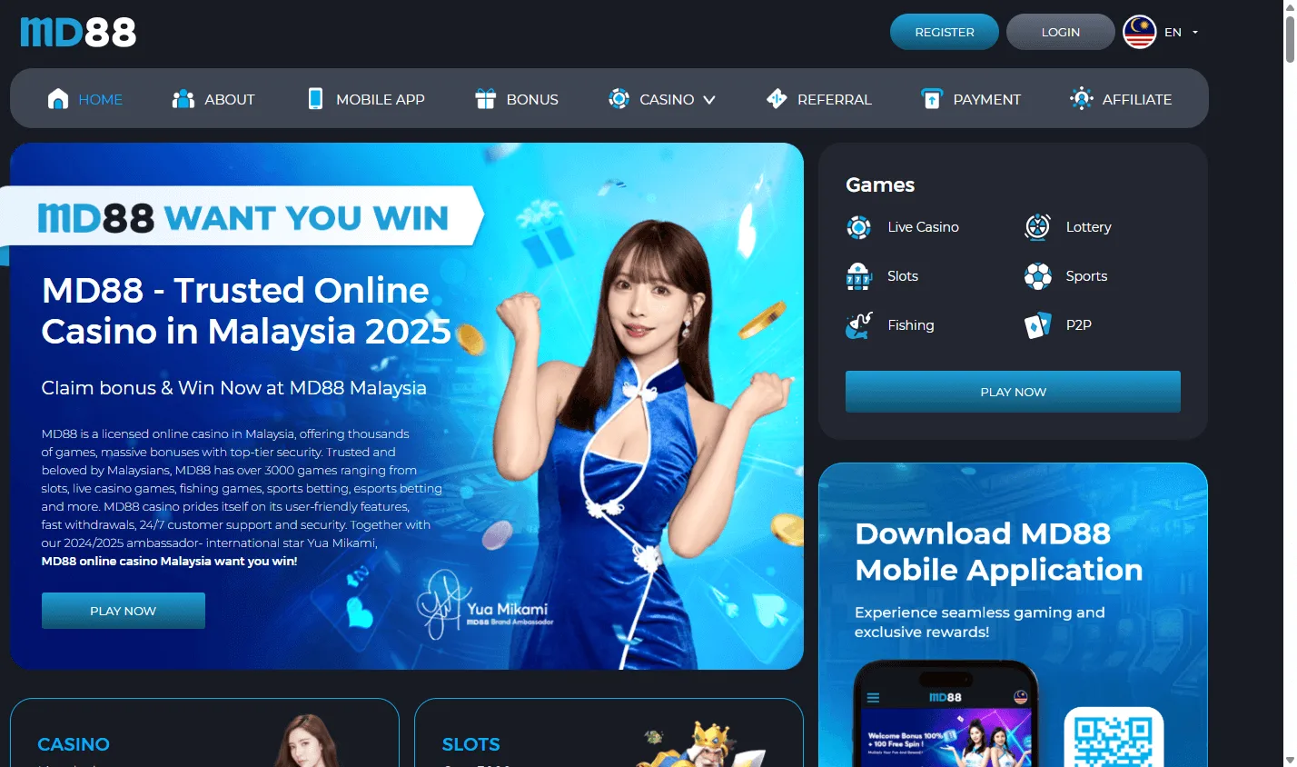 MD88 Casino home experience on desktop with Australian welcome offer information