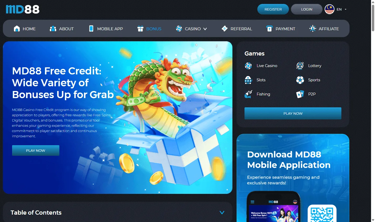 MD88 Casino desktop promotions area with welcome and reload offers
