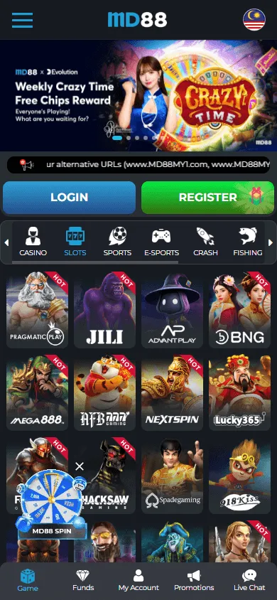 MD88 Casino mobile games area with pokies, live casino and sports betting