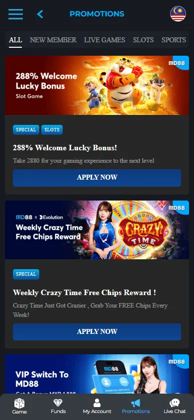 MD88 Casino mobile promotions area with app and deposit offers